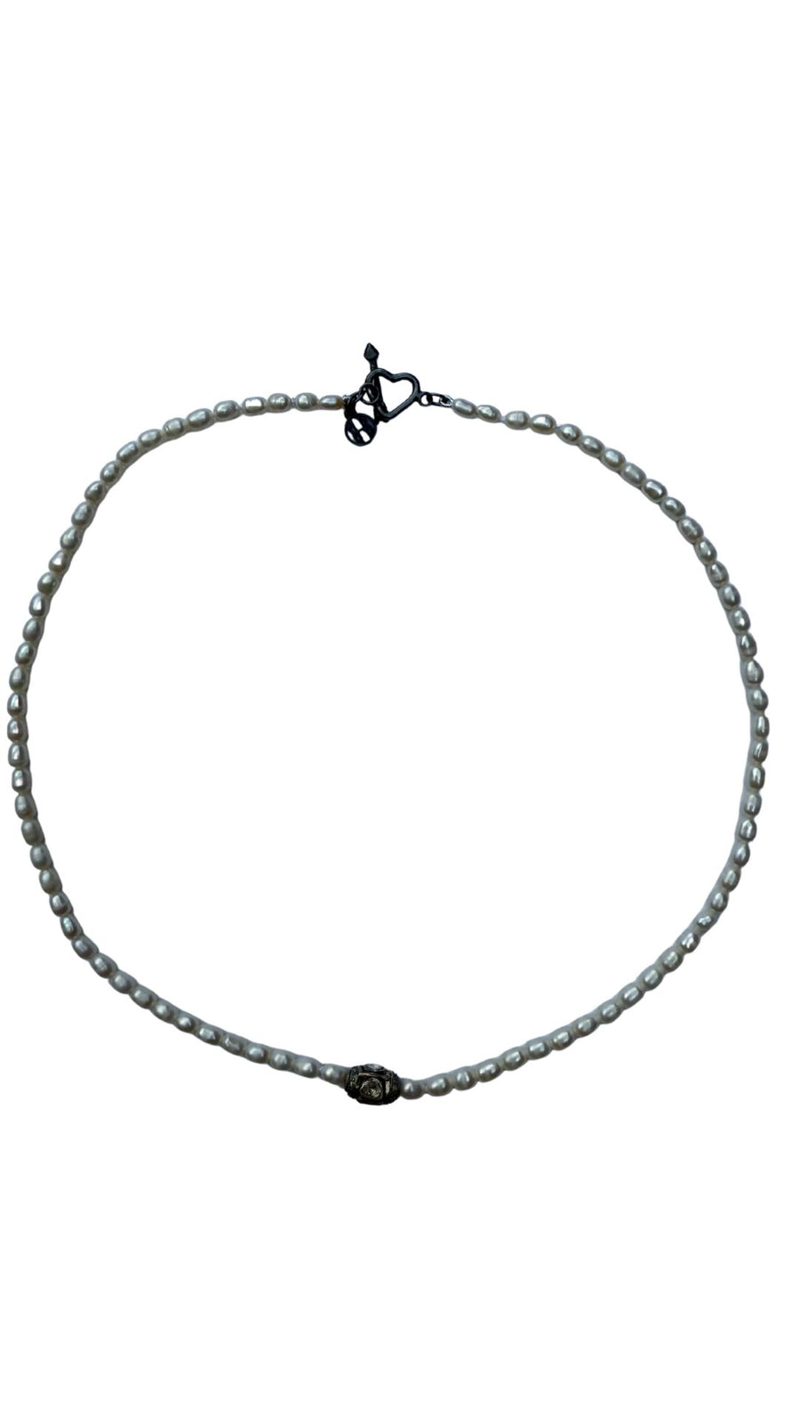 Pearl Necklace with Diamond Bead and Silver Heart Clasp