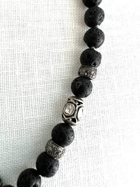 Lava Stone Necklace with Diamond Beads and Heart Shaped Links