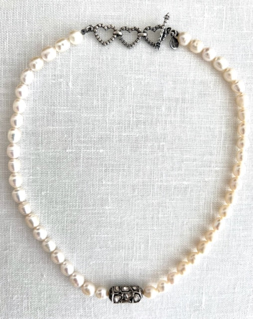 Pearl Necklace with Diamond Bead and Silver Heart Clasp