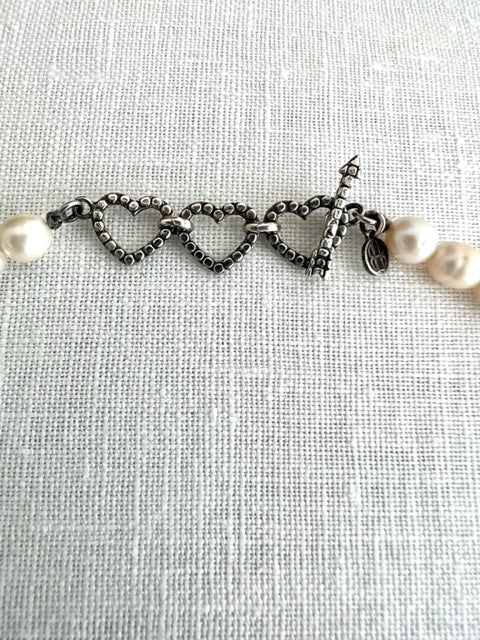 Pearl Necklace with Diamond Bead and Silver Heart Clasp