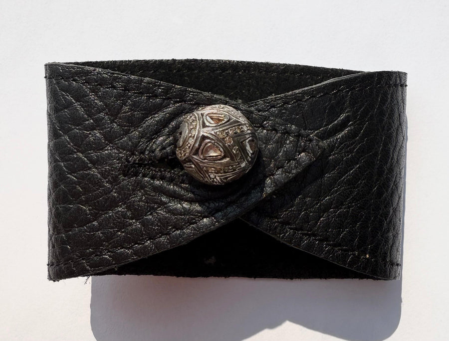 Hand Crafted Leather Cuff with Diamond and Silver Bead
