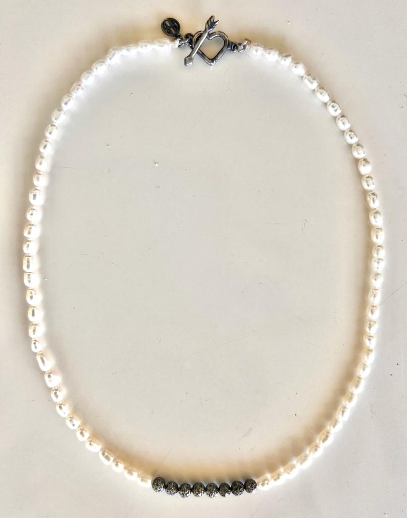 Fresh Water Pearl Necklace with Pave Diamond Beads with Hand Crafted Heart Shaped Clasp