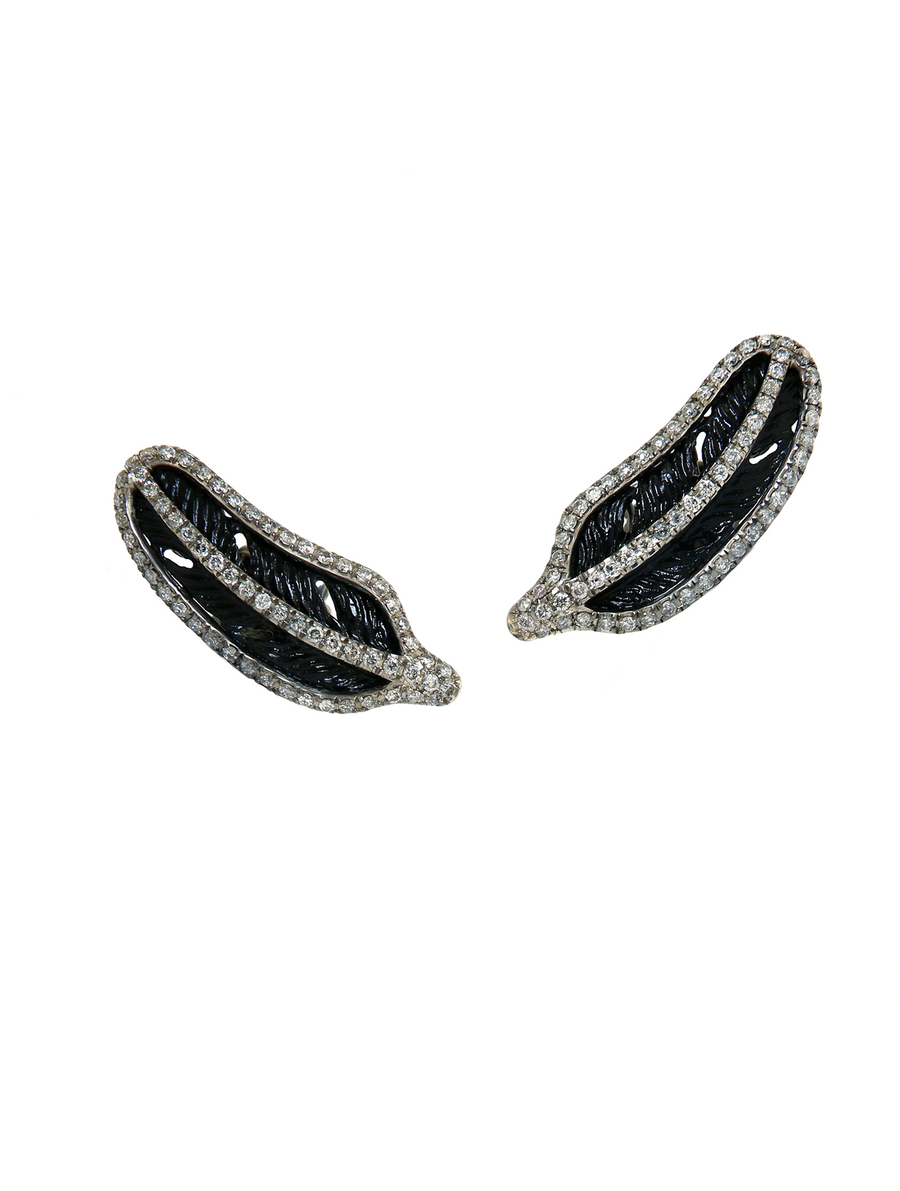 Jet Feather Earrings - Grey Diamonds