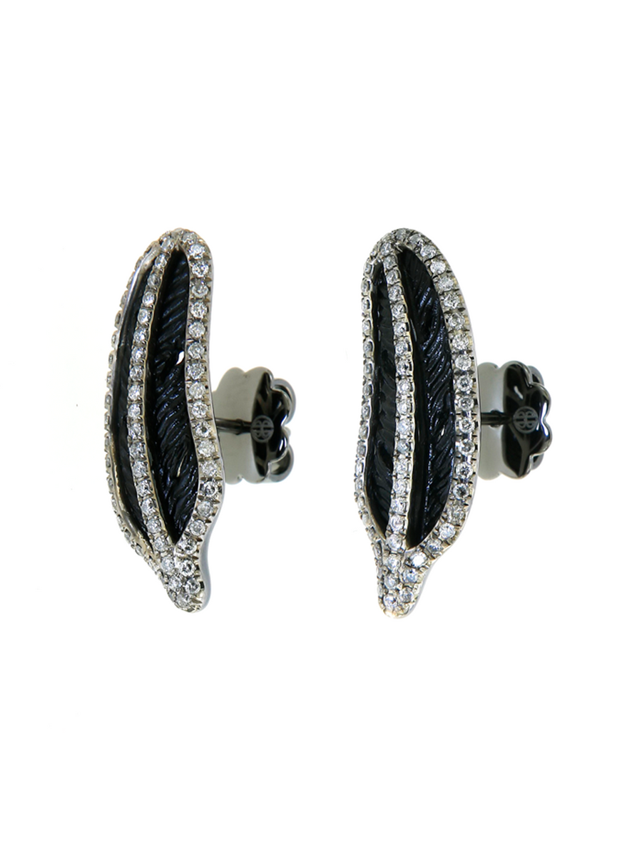 Jet Feather Earrings - Grey Diamonds